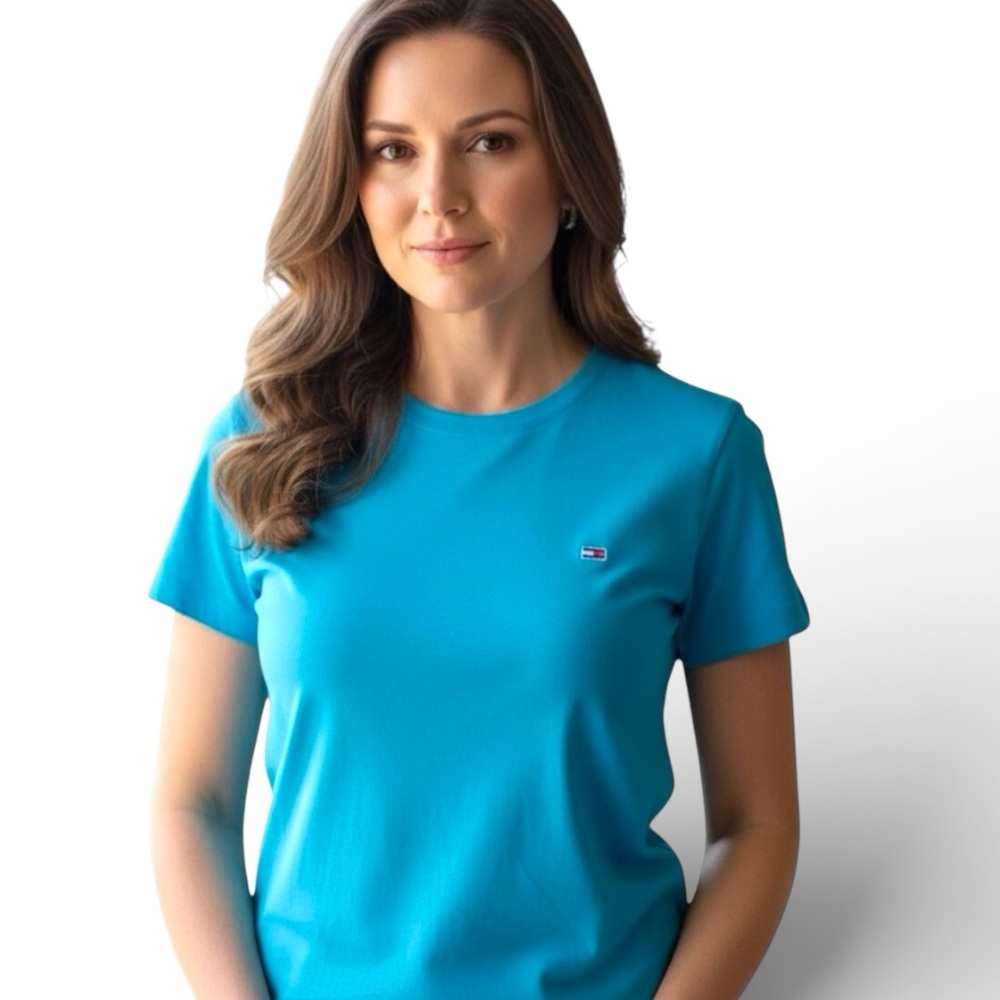 Tommy Hilfiger Aqua Blue Logo Tee Large Coastal Preppy T Shirt